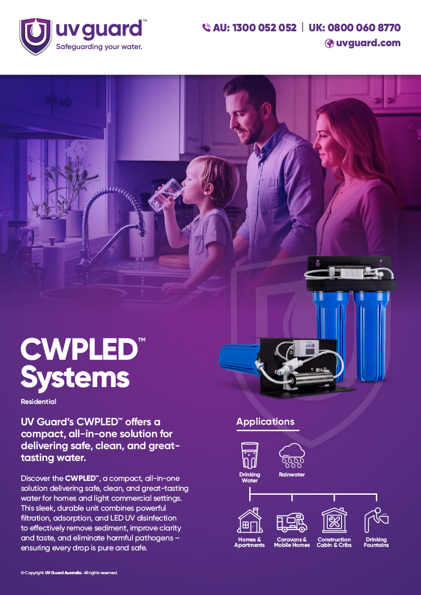 A family in a kitchen drinks water together. In the foreground is a blue CWPULED water filtration system. Text highlights the products features and applications, with contact information and logos at the top.