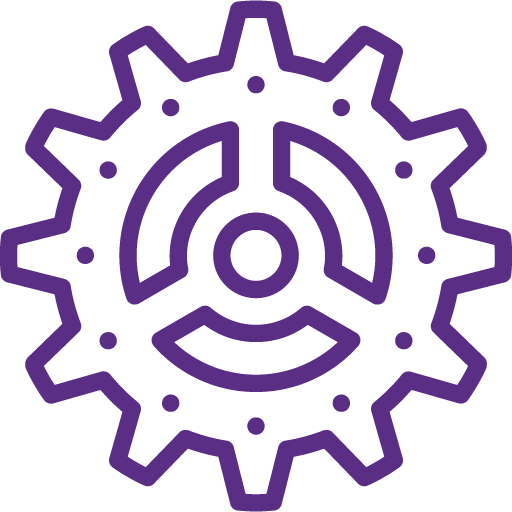 A purple gear with a circular, segmented design in the center, featuring three inner arcs and outer cogs, resembling a stylized mechanical or technological icon.