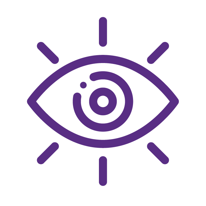A purple outline of an eye with radiating lines around it, suggesting visibility, awareness, or vision on a transparent background.